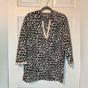 Jones New York Black & Beige Animal Print Linen V Neck Tunic 3/4 Sleeve Size M